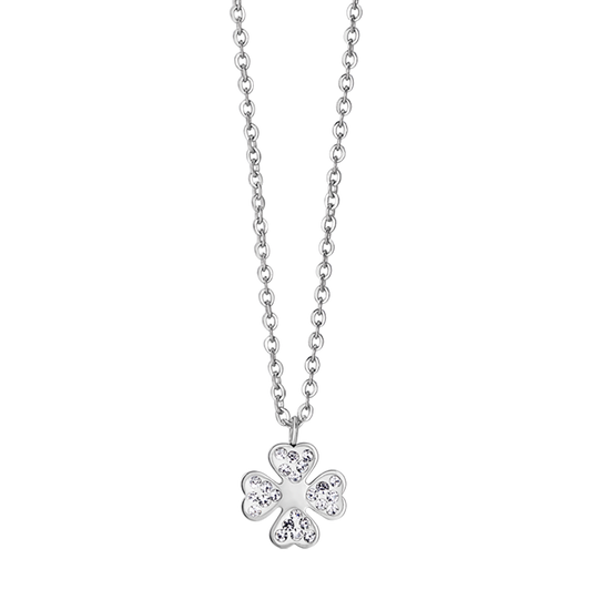 COLLAR DE ACERO PARA MUJER CON TRÉBOL DE CUATRO HOJAS Y CRISTALES BLANCOS