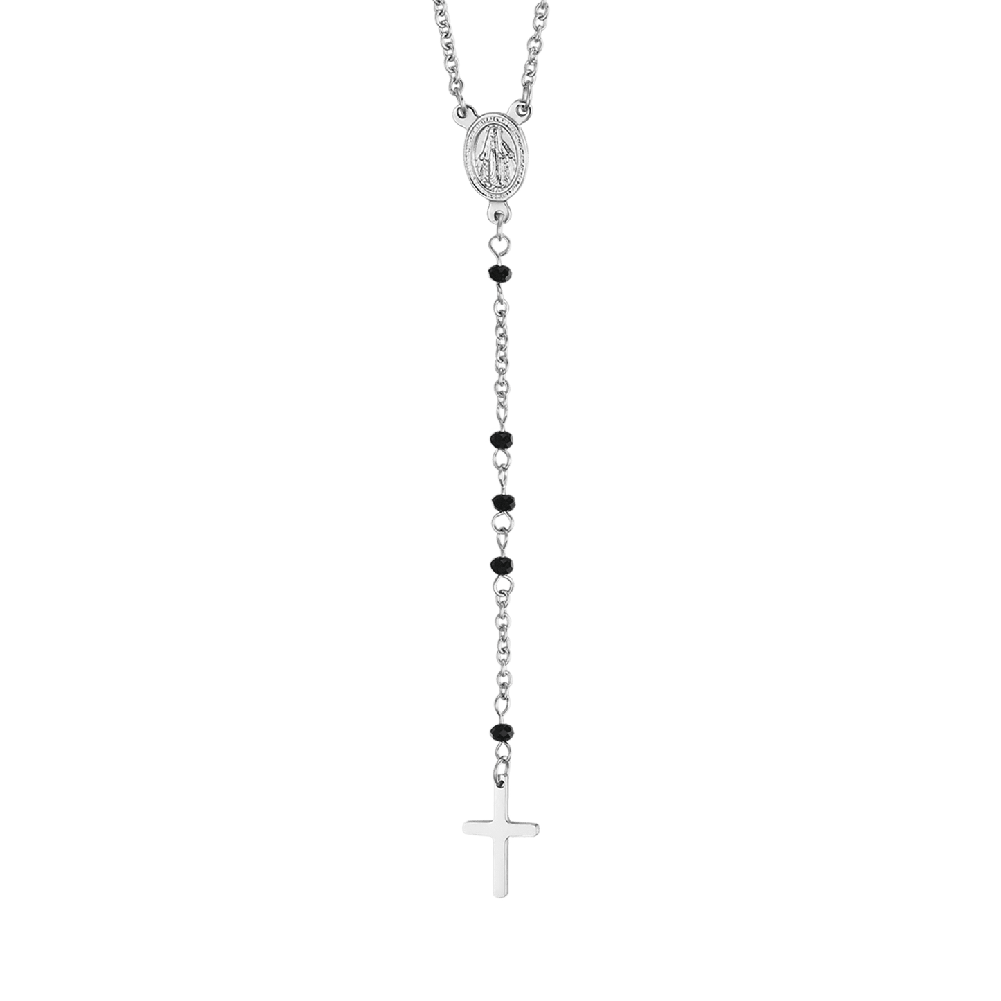COLLAR ROSARIO DE ACERO PARA MUJER CON CRISTALES NEGROS CON COLGANTE