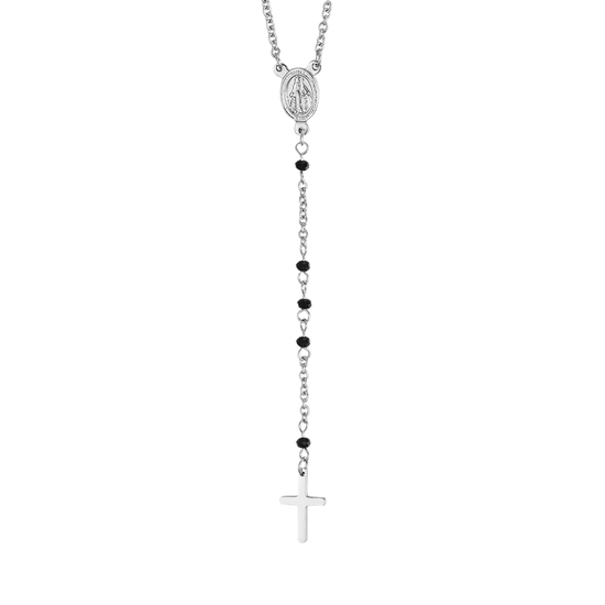 COLLAR ROSARIO DE ACERO PARA MUJER CON CRISTALES NEGROS CON COLGANTE