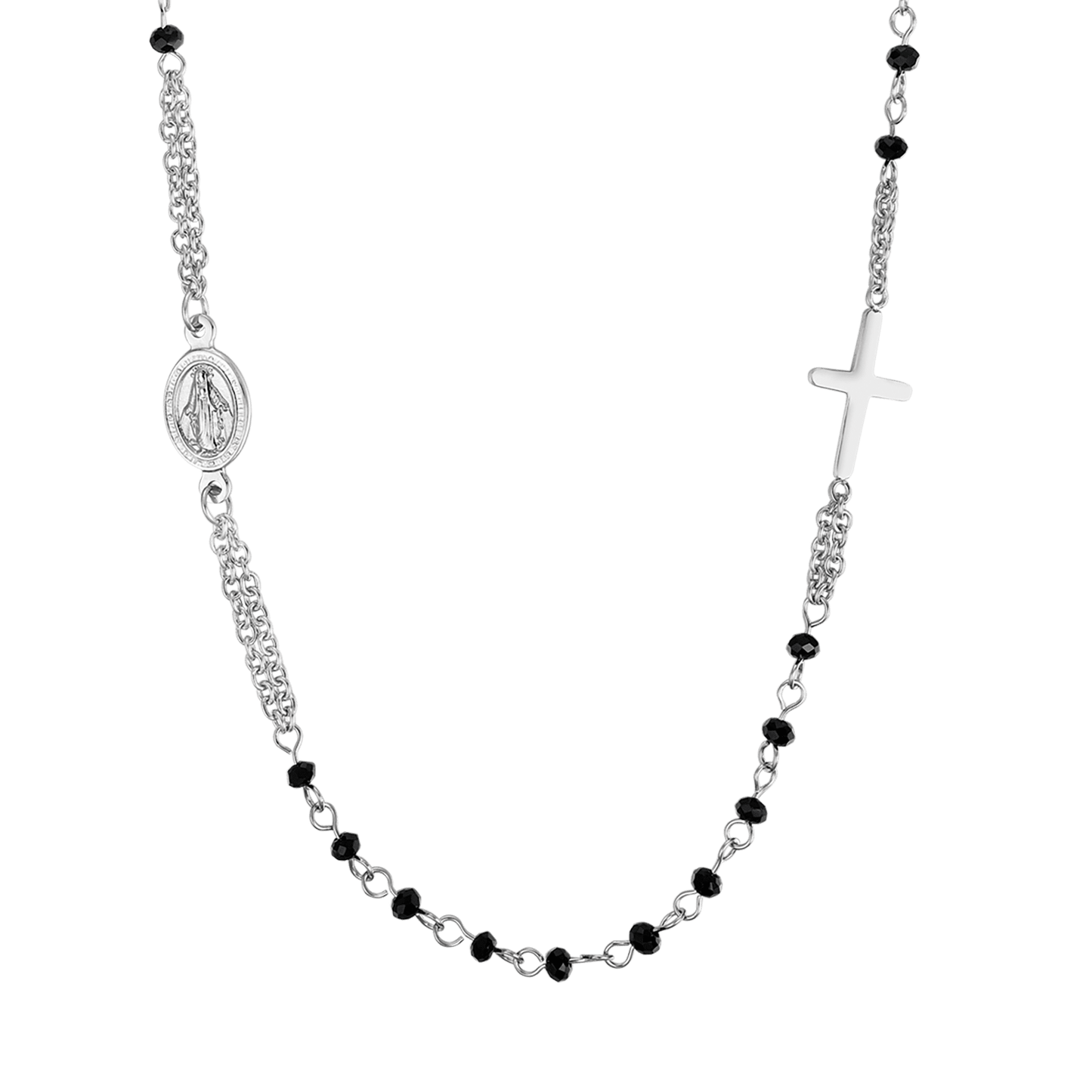COLLAR ROSARIO DE ACERO PARA MUJER CON CRISTALES NEGROS