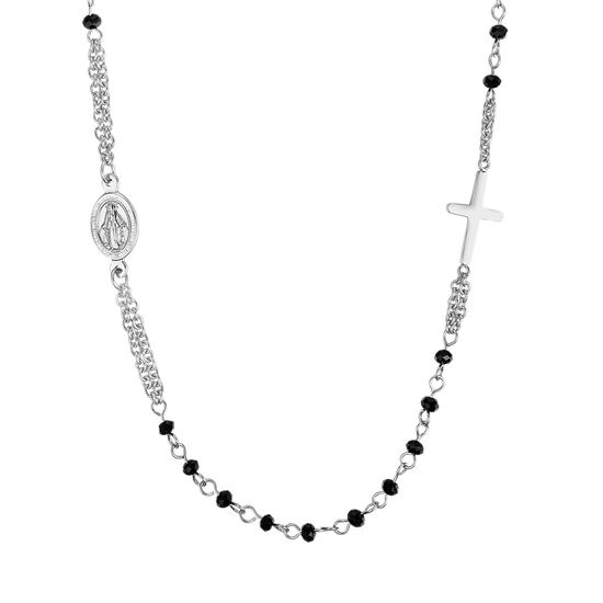 COLLAR ROSARIO DE ACERO PARA MUJER CON CRISTALES NEGROS