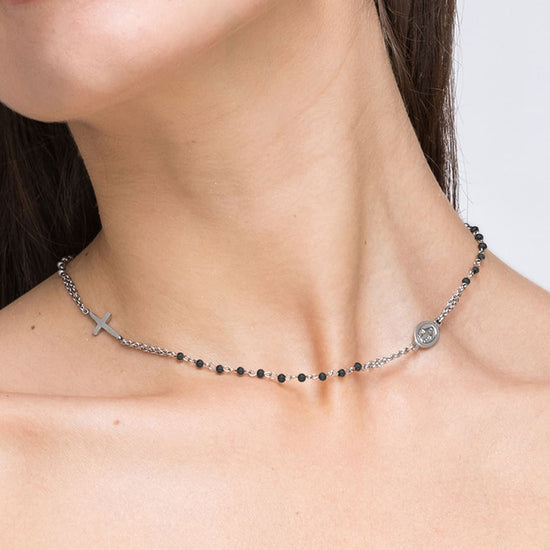 COLLAR ROSARIO DE ACERO PARA MUJER CON CRISTALES NEGROS