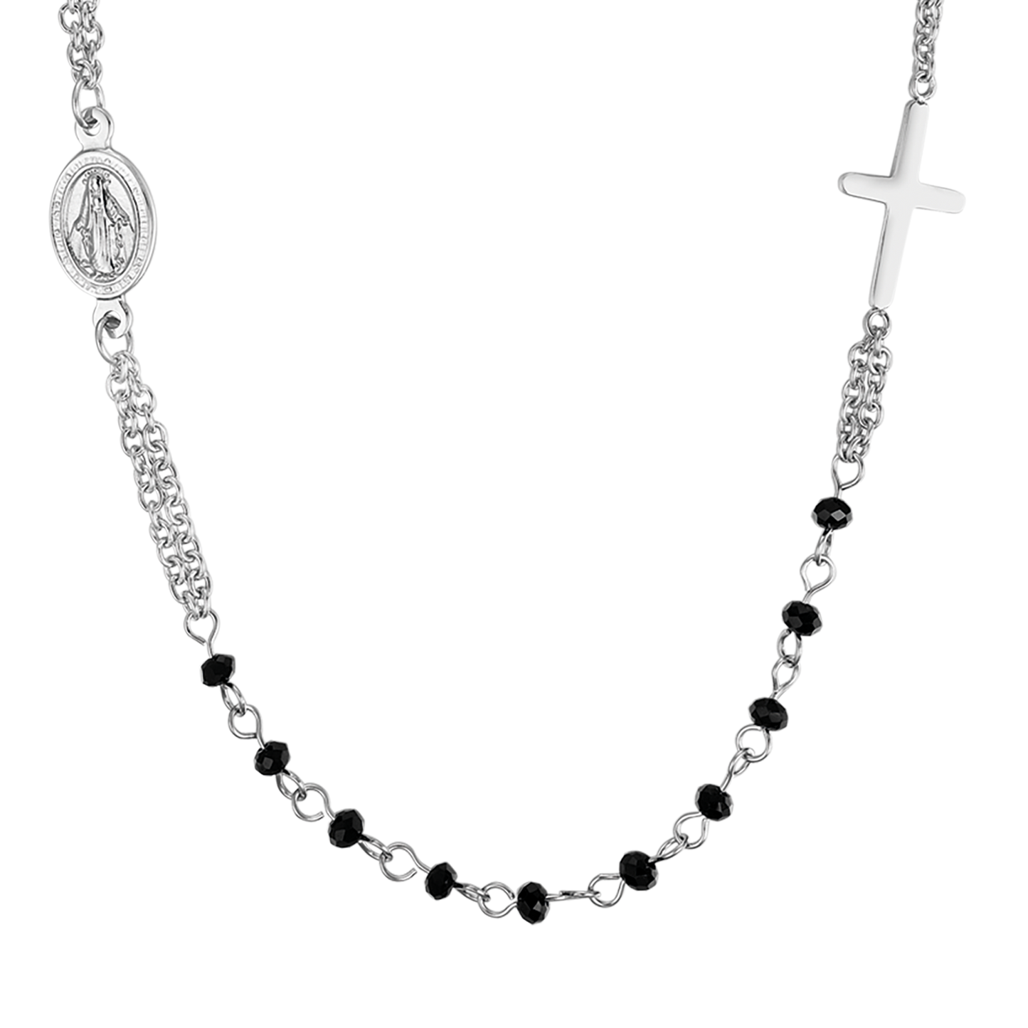 COLLAR ROSARIO DE ACERO PARA MUJER CON CRISTALES NEGROS