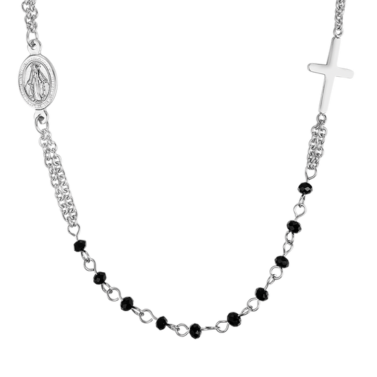 COLLAR ROSARIO DE ACERO PARA MUJER CON CRISTALES NEGROS