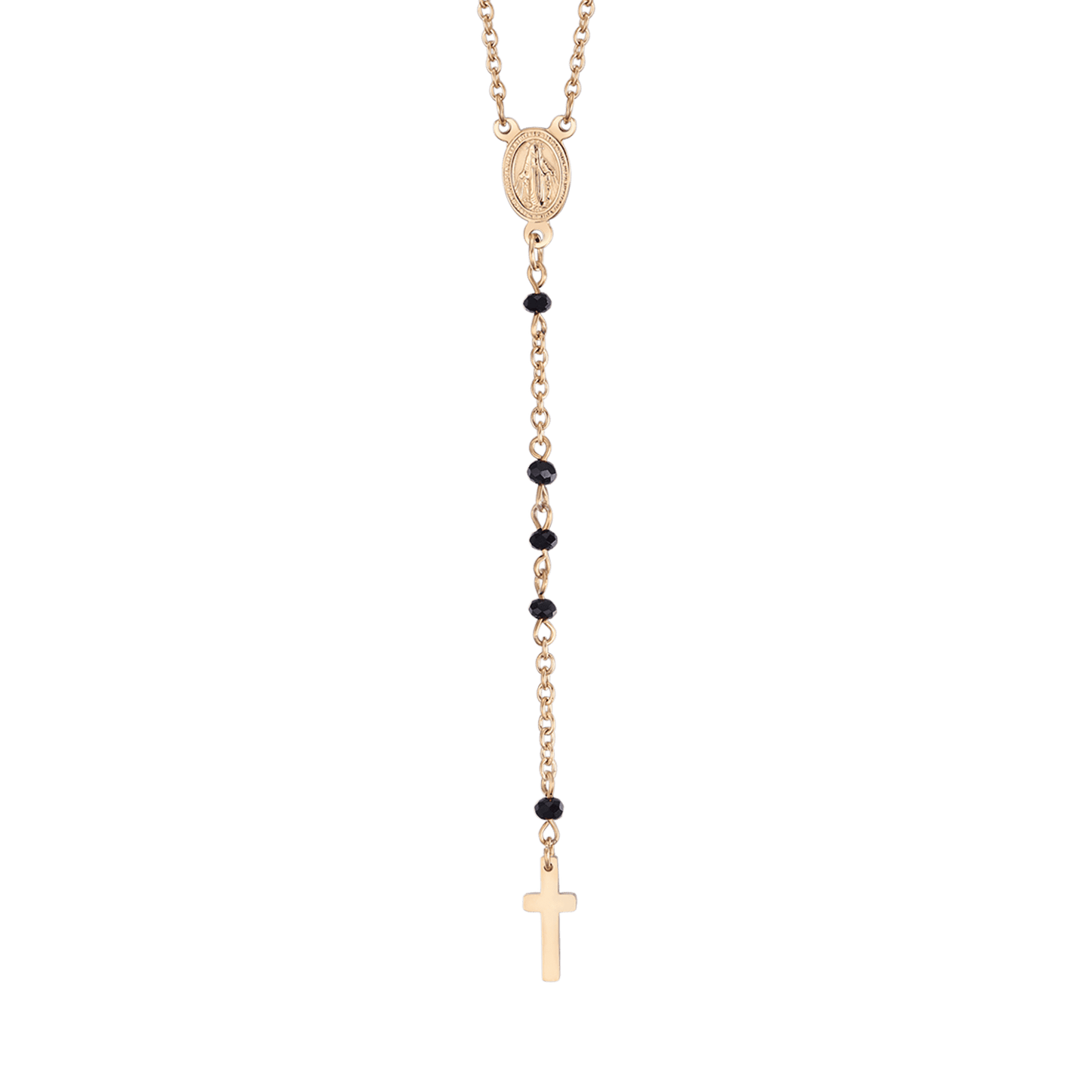 COLLAR ROSARIO DE ACERO PARA MUJER CON CRISTALES NEGROS CON COLGANTE