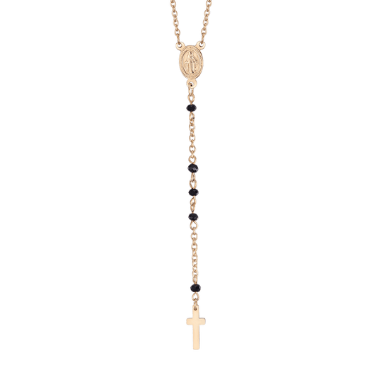 COLLAR ROSARIO DE ACERO PARA MUJER CON CRISTALES NEGROS CON COLGANTE