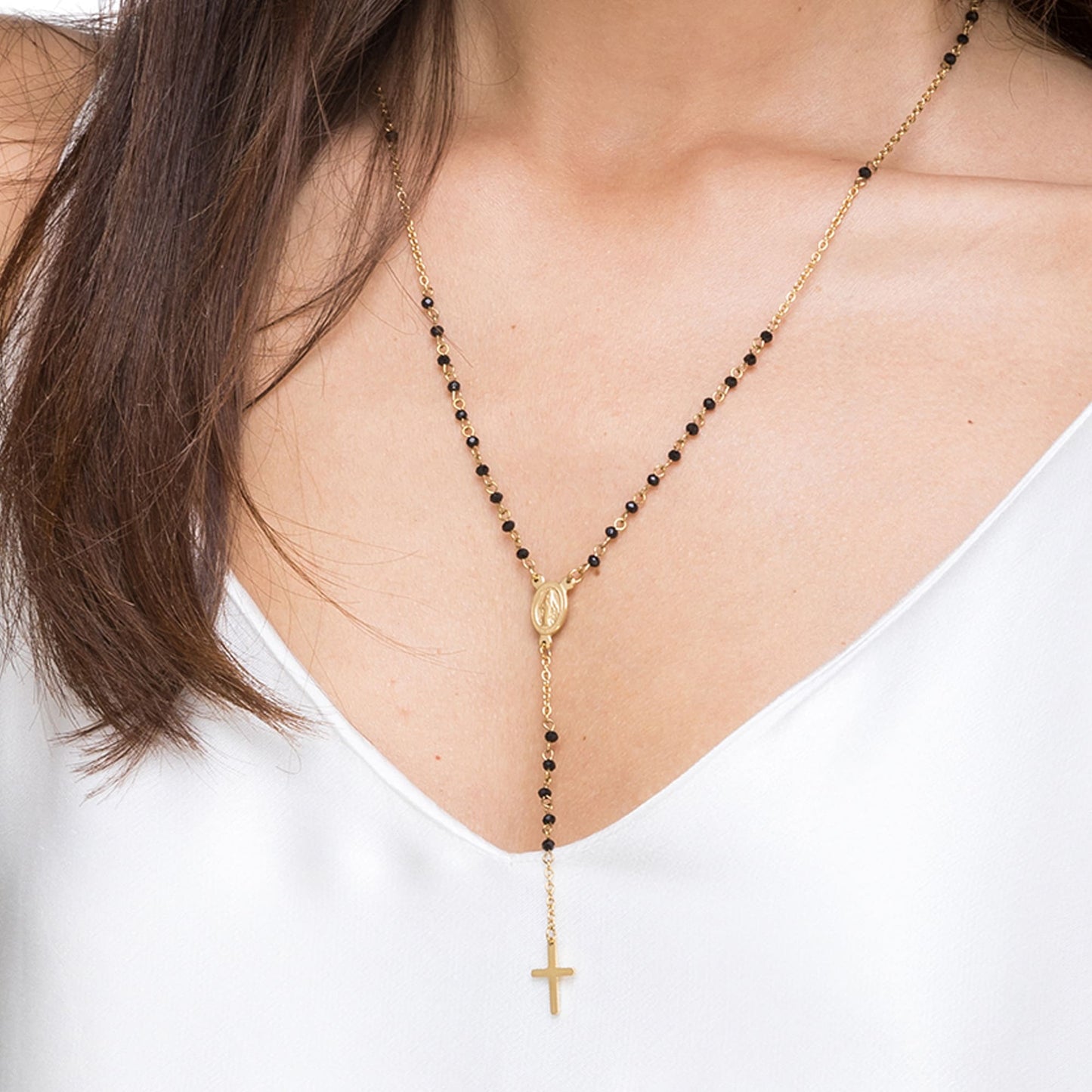 COLLAR ROSARIO DE ACERO PARA MUJER CON CRISTALES NEGROS CON COLGANTE