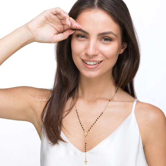 COLLAR ROSARIO DE ACERO PARA MUJER CON CRISTALES NEGROS CON COLGANTE