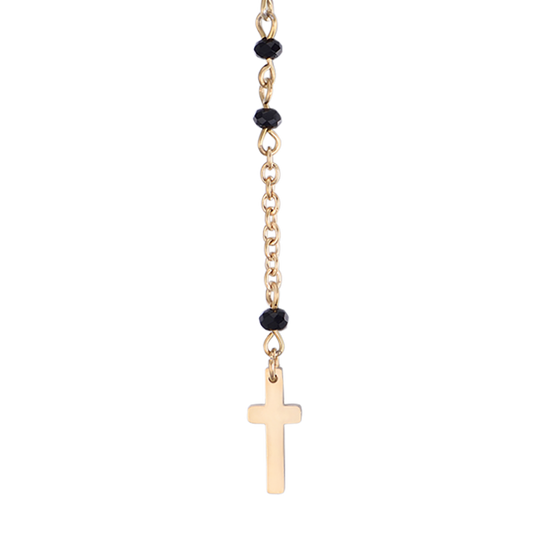 COLLAR ROSARIO DE ACERO PARA MUJER CON CRISTALES NEGROS CON COLGANTE