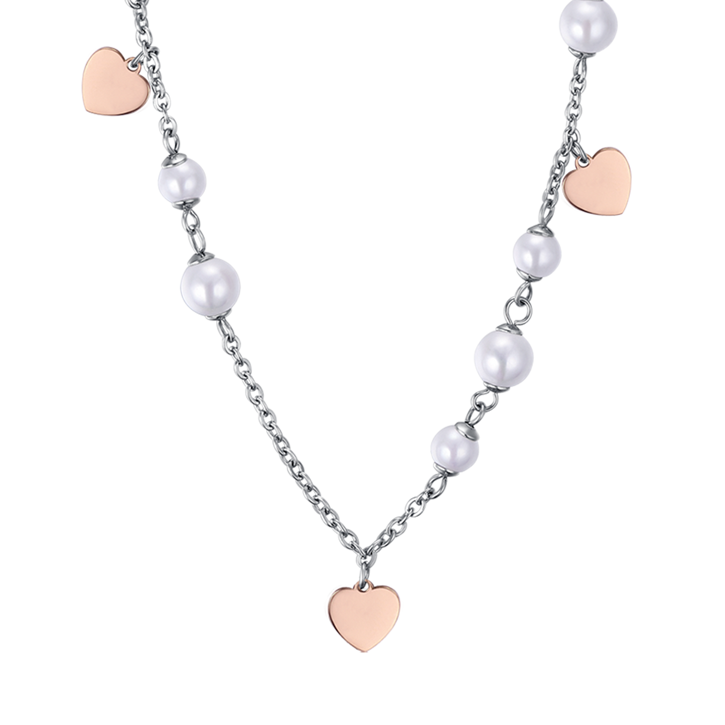 COLLAR DE ACERO CON PERLAS BLANCAS Y CORAZONES DE ROSA IP