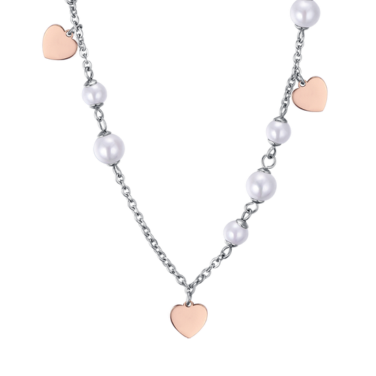 COLLAR DE ACERO CON PERLAS BLANCAS Y CORAZONES DE ROSA IP Luca Barra