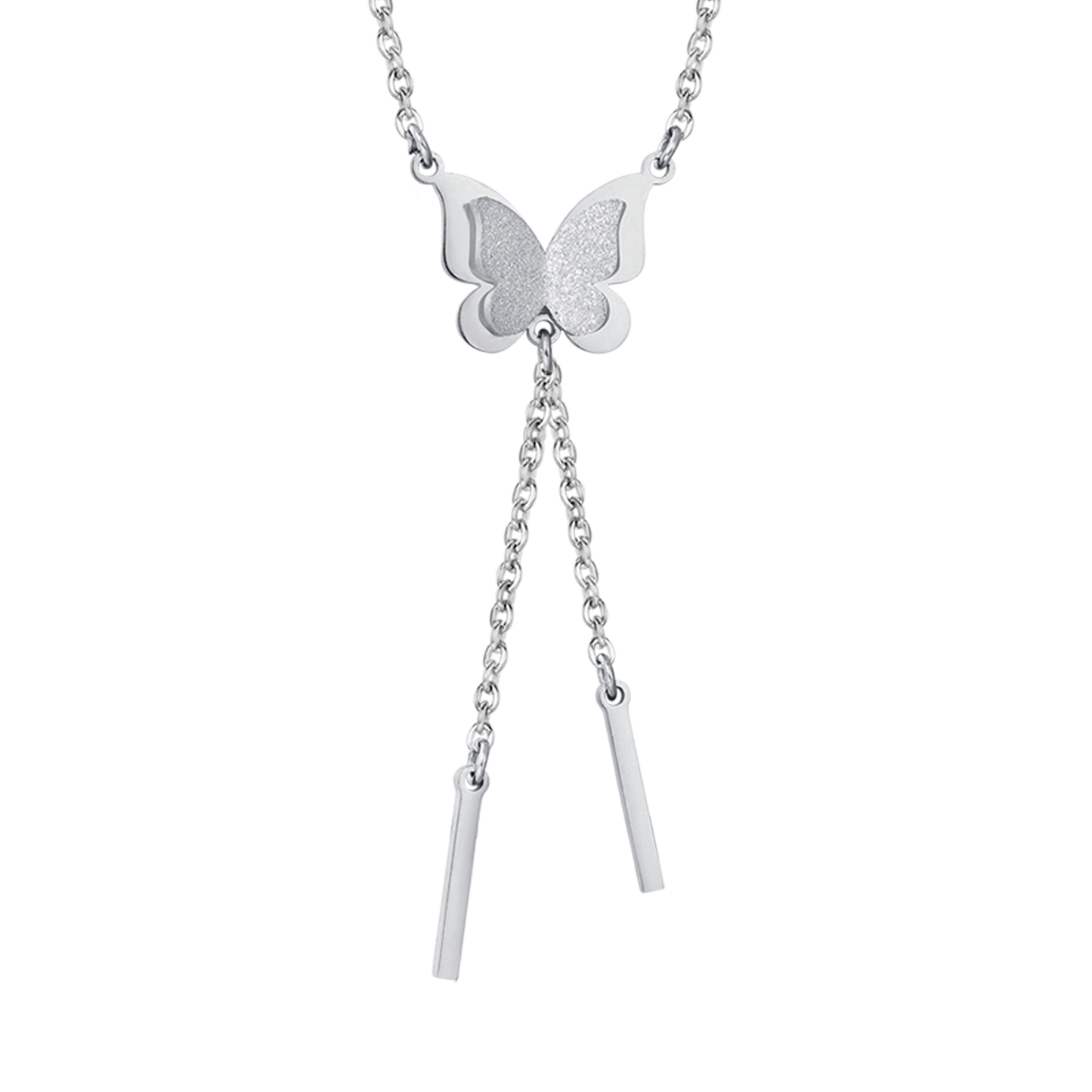 COLLAR DE ACERO, MARIPOSA CON PURPURINA BLANCA