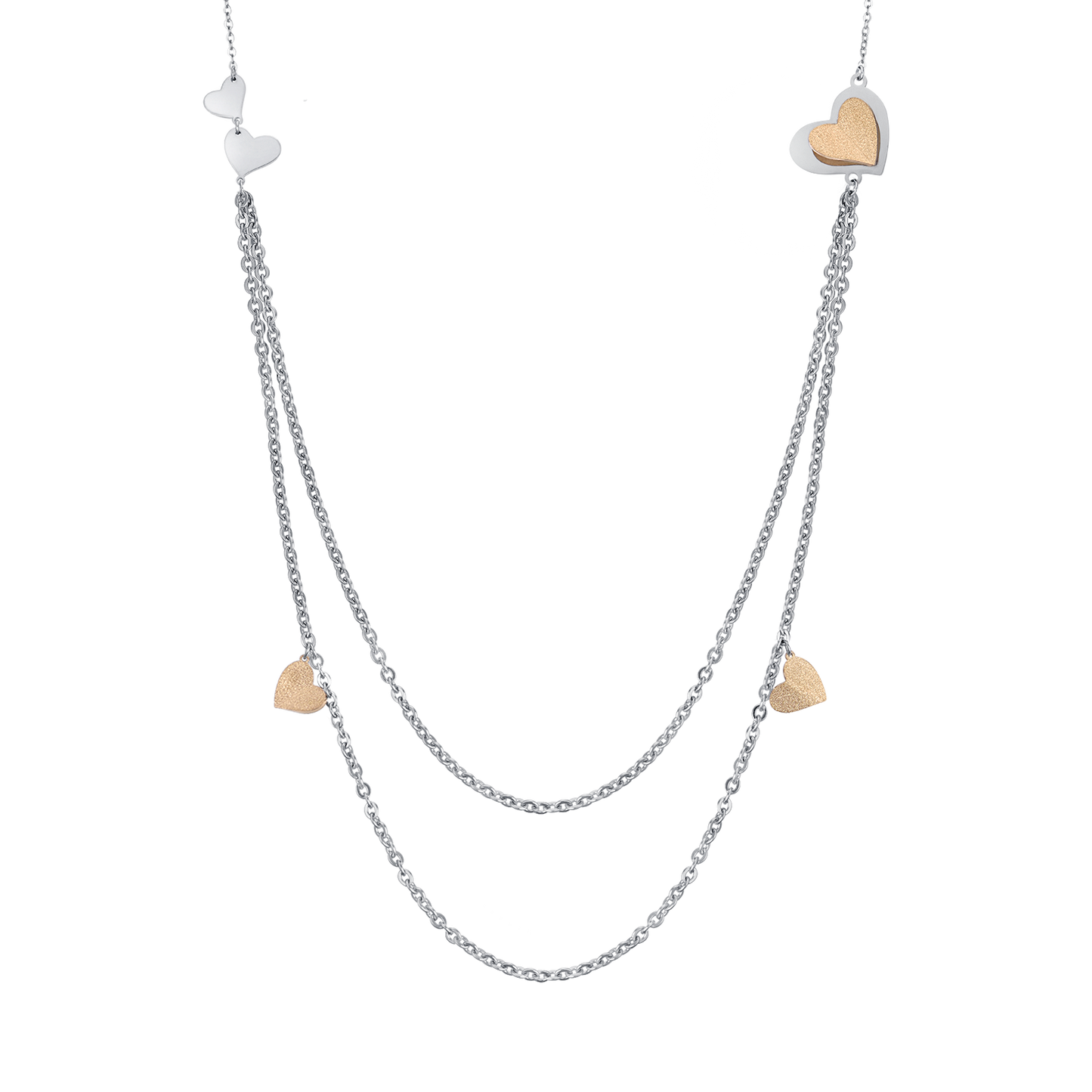 COLLAR DE ACERO CON CORAZONES Y PURPURINA DORADA IP