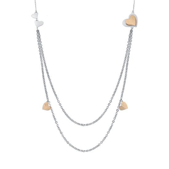 COLLAR DE ACERO CON CORAZONES Y PURPURINA DORADA IP