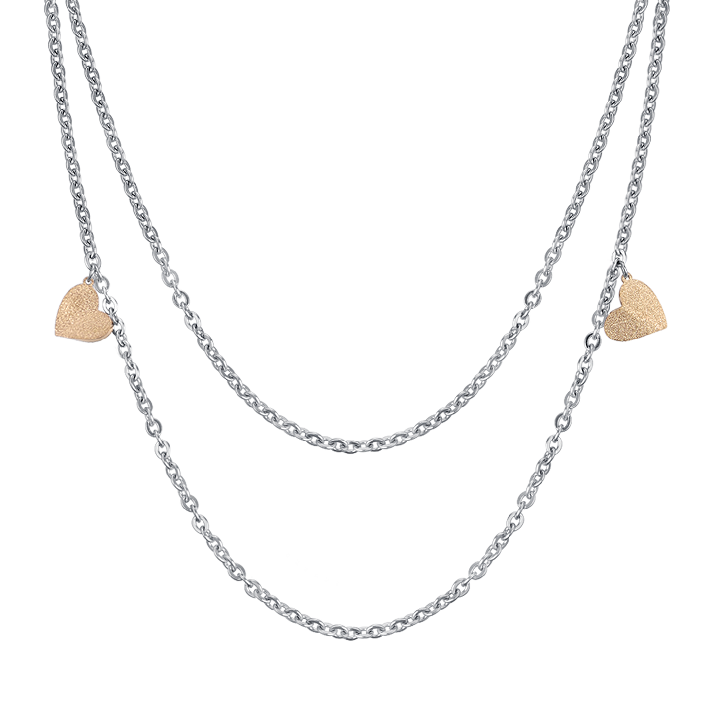 COLLAR DE ACERO CON CORAZONES Y PURPURINA DORADA IP