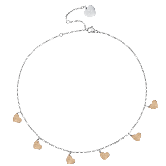 COLLAR DE ACERO CON CORAZONES Y PURPURINA DORADA IP