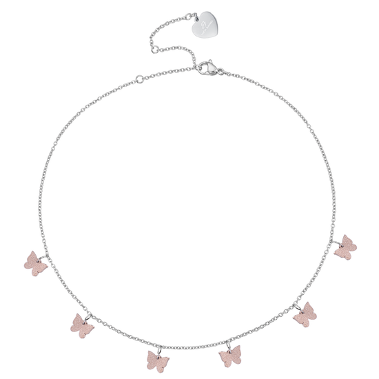 COLLAR DE ACERO CON MARIPOSAS Y ROSAS DE PURPURINA IP
