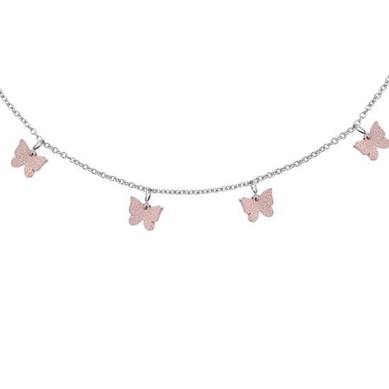 COLLAR DE ACERO CON MARIPOSAS Y ROSAS DE PURPURINA IP