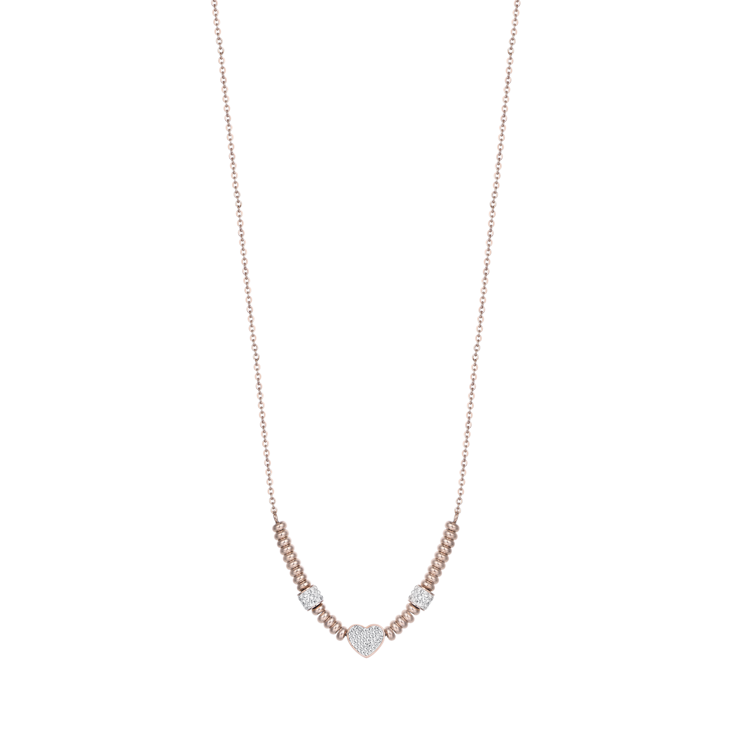 COLLAR DE ACERO IP ROSA CON CORAZÓN CON CRISTALES BLANCOS