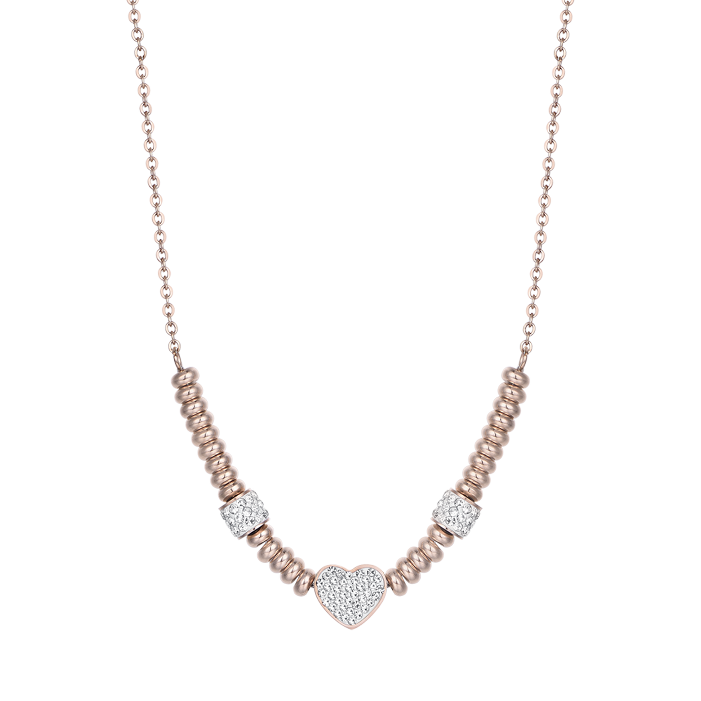 COLLAR DE ACERO IP ROSA CON CORAZÓN CON CRISTALES BLANCOS