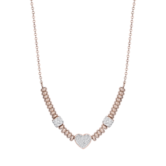 COLLAR DE ACERO IP ROSA CON CORAZÓN CON CRISTALES BLANCOS