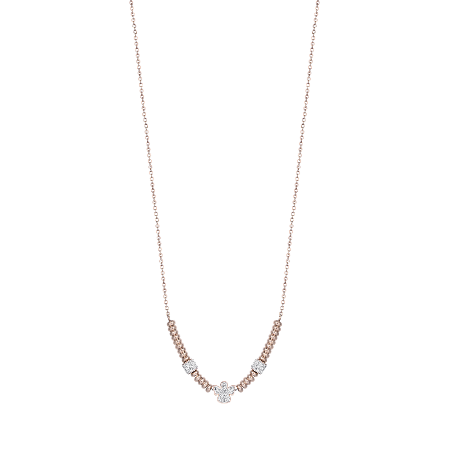 COLLAR DE ACERO IP ROSA CON ÁNGEL CON CRISTALES BLANCOS
