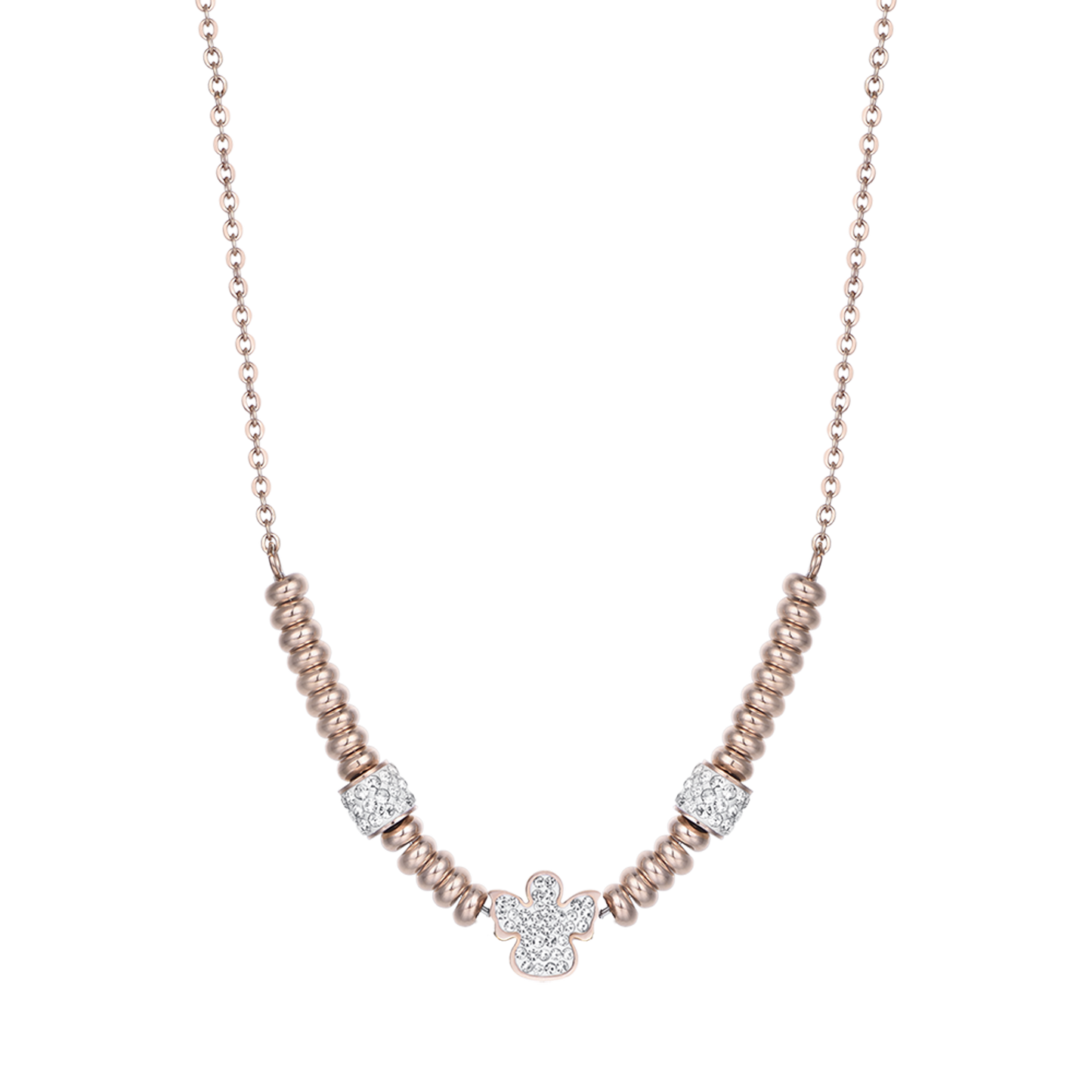 COLLAR DE ACERO IP ROSA CON ÁNGEL CON CRISTALES BLANCOS