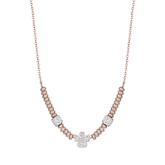COLLAR DE ACERO IP ROSA CON ÁNGEL CON CRISTALES BLANCOS