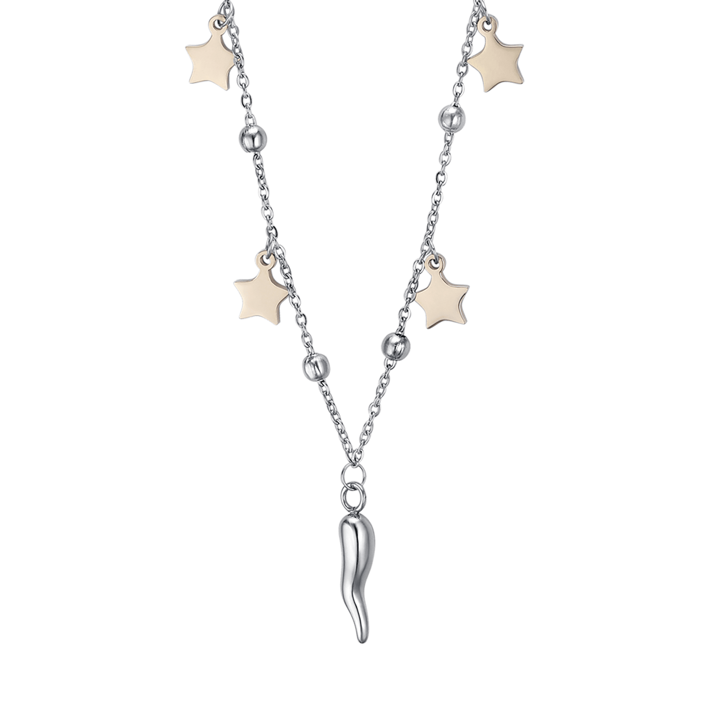 COLLAR DE ACERO PARA MUJER CON ESTRELLAS DE ORO IP Y CUERNO