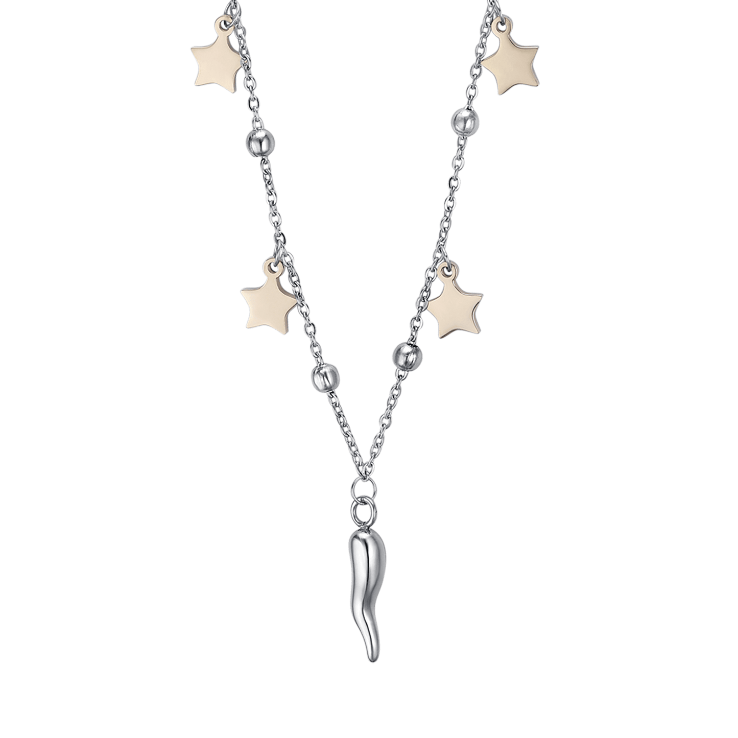 COLLAR DE ACERO PARA MUJER CON ESTRELLAS DE ORO IP Y CUERNO