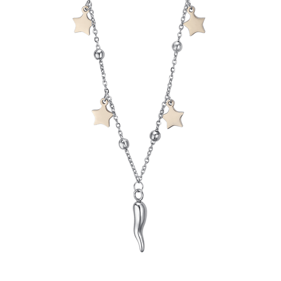 COLLAR DE ACERO PARA MUJER CON ESTRELLAS DE ORO IP Y CUERNO