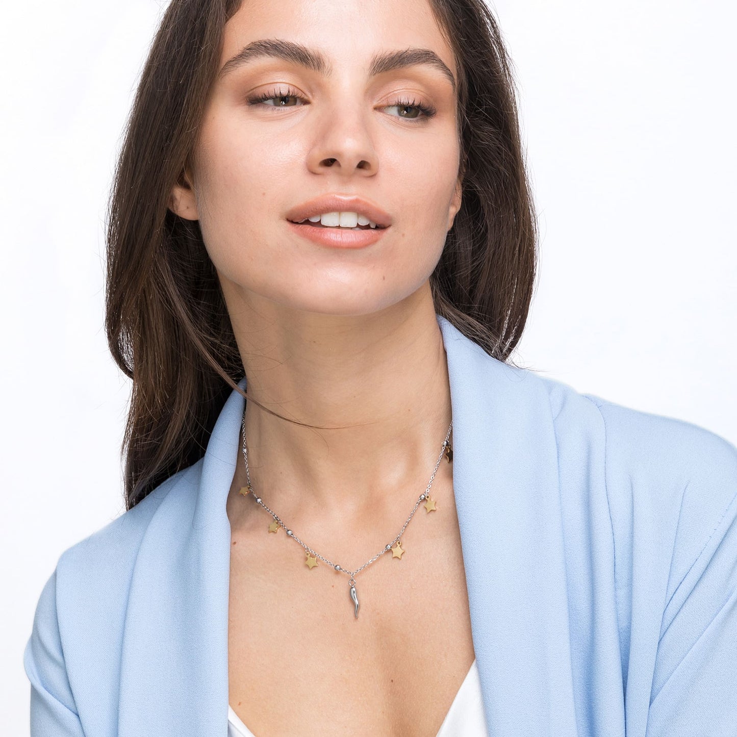 COLLAR DE ACERO PARA MUJER CON ESTRELLAS DE ORO IP Y CUERNO