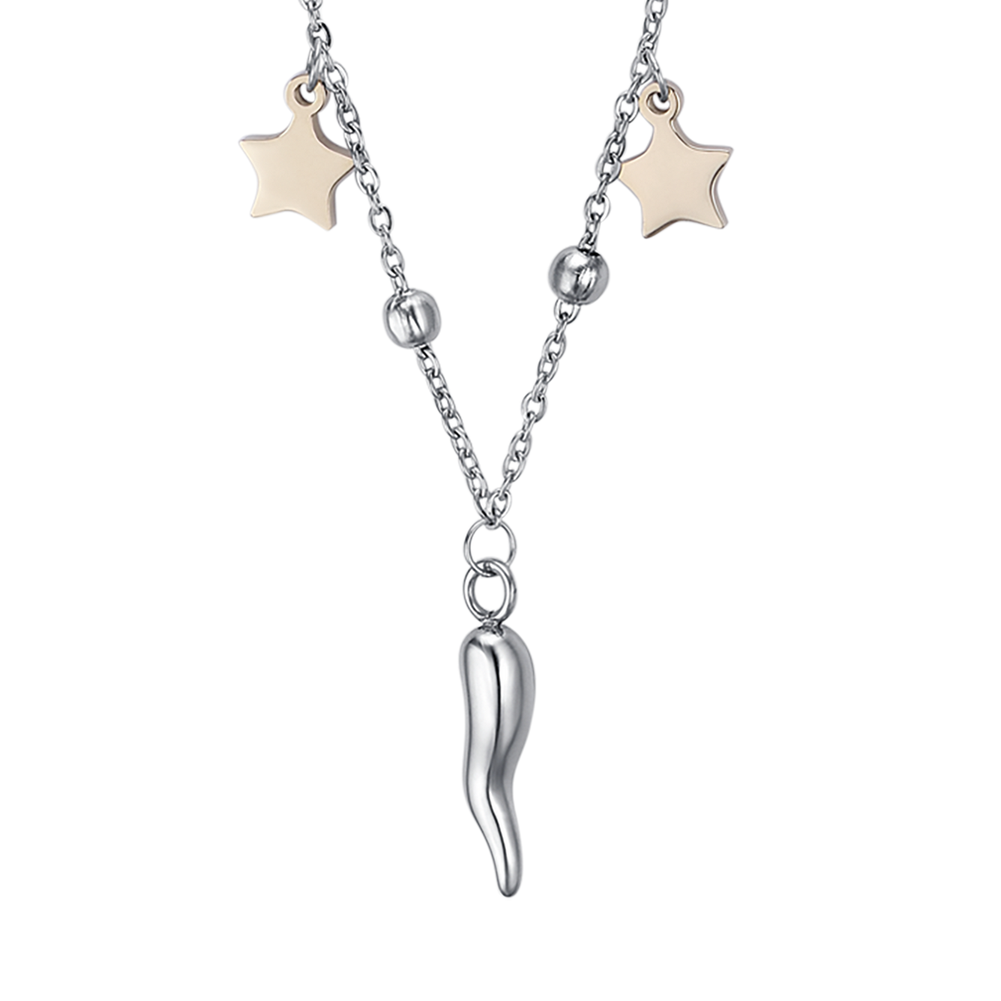 COLLAR DE ACERO PARA MUJER CON ESTRELLAS DE ORO IP Y CUERNO