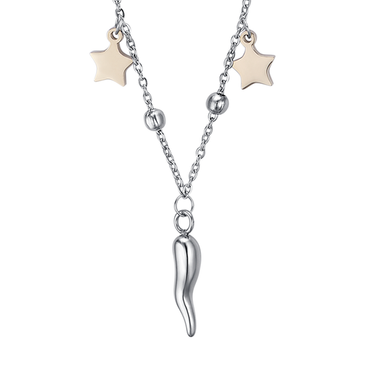 COLLAR DE ACERO PARA MUJER CON ESTRELLAS DE ORO IP Y CUERNO