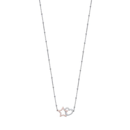 COLLAR DE ACERO CON CORAZÓN DE ACERO Y ESTRELLA DE ACERO IP ROSA