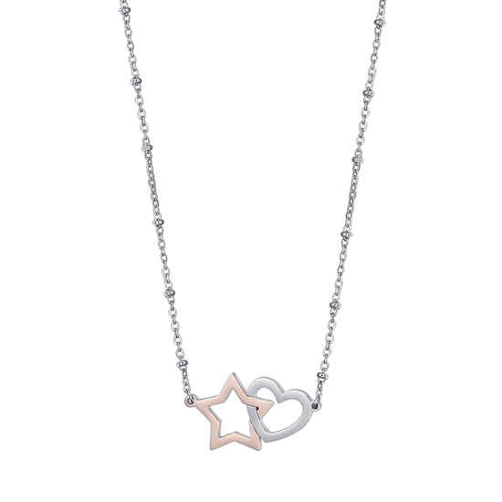 COLLAR DE ACERO CON CORAZÓN DE ACERO Y ESTRELLA DE ACERO IP ROSA
