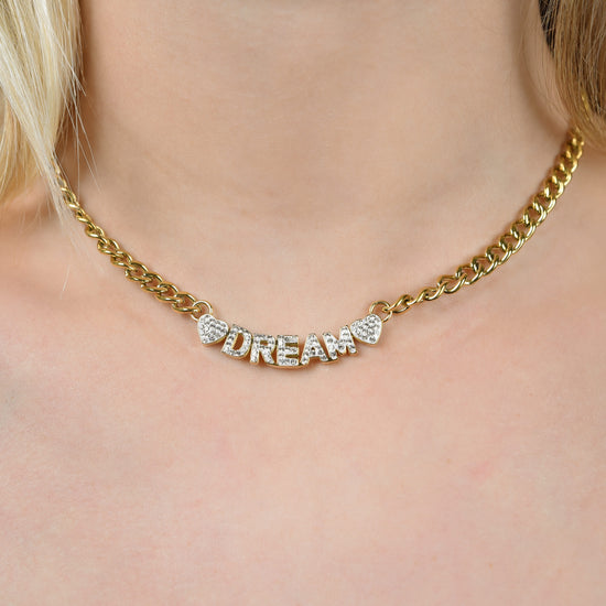 COLLAR DE SUEÑOS DE ACERO DORADO CON CRISTALES BLANCOS