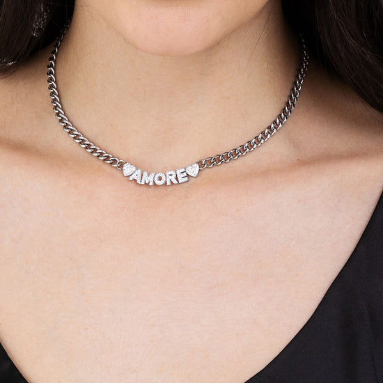COLLAR DE AMOR DE ACERO PARA MUJER CON CRISTALES BLANCOS