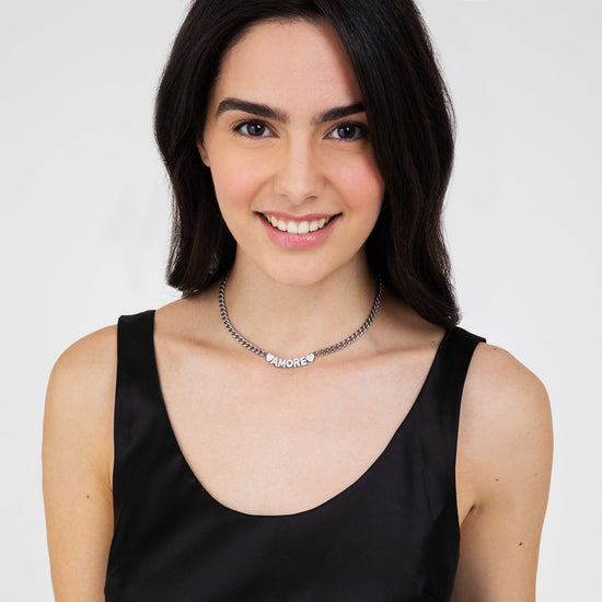 COLLAR DE AMOR DE ACERO PARA MUJER CON CRISTALES BLANCOS