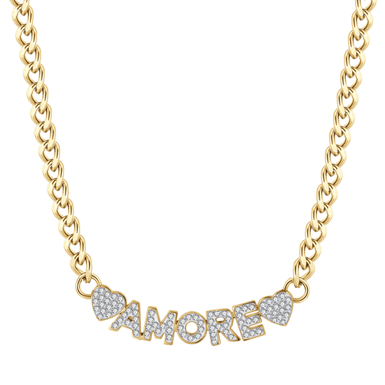 COLLAR DE AMOR DE ACERO DORADO CON CRISTALES BLANCOS