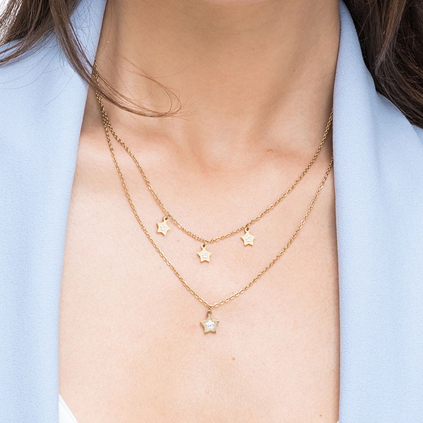 IP COLLAR DE ACERO DORADO PARA MUJER CON ESTRELLAS Y CRISTALES BLANCOS