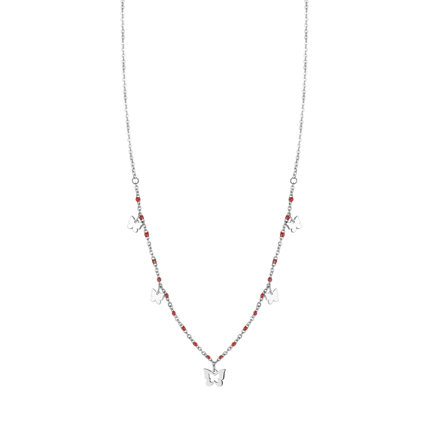 COLLAR DE ACERO CON MARIPOSAS Y PIEDRAS ROJAS