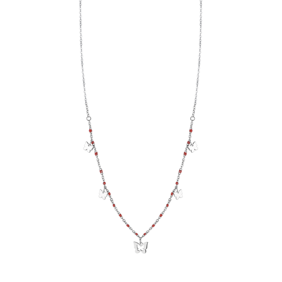 COLLAR DE ACERO CON MARIPOSAS Y PIEDRAS ROJAS