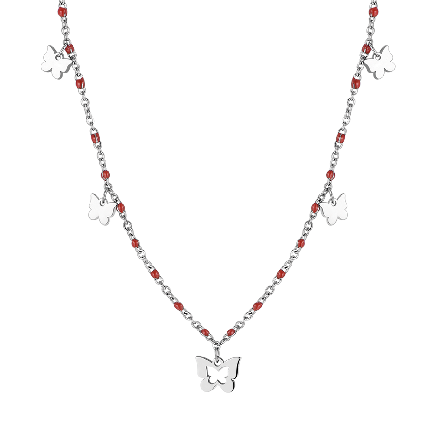 COLLAR DE ACERO CON MARIPOSAS Y PIEDRAS ROJAS