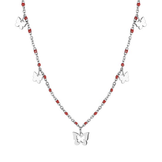 COLLAR DE ACERO CON MARIPOSAS Y PIEDRAS ROJAS