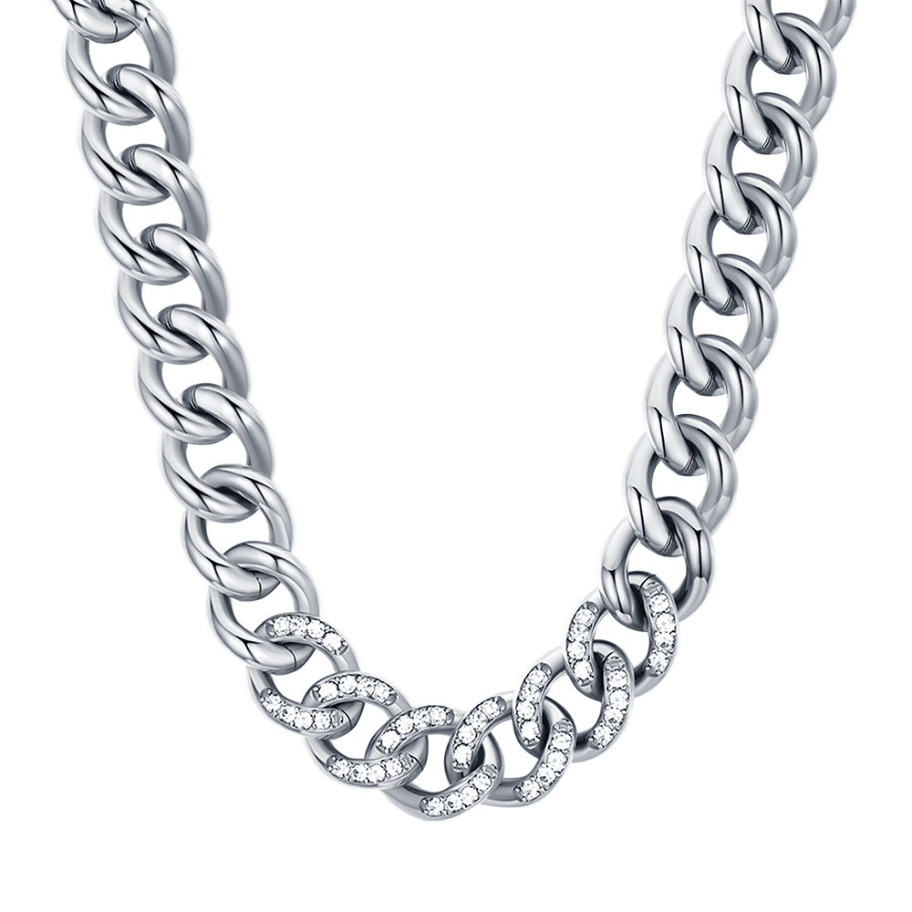COLLAR DE ACERO PARA MUJER CON ESLABÓN DE CADENA Y CRISTALES BLANCOS