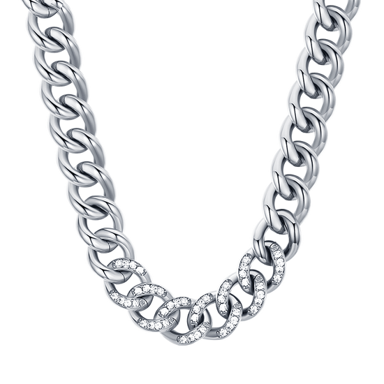 COLLAR DE ACERO PARA MUJER CON ESLABÓN DE CADENA Y CRISTALES BLANCOS