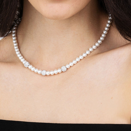 COLLAR DE PERLAS DE MUJER CON CRISTALES BLANCOS