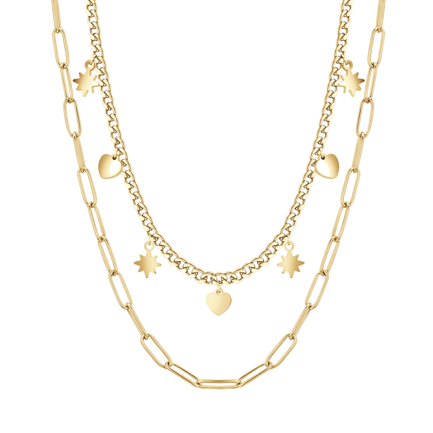 COLLAR DE ACERO IP DE ORO DE VARIAS VUELTAS CON ESTRELLAS Y CORAZONES