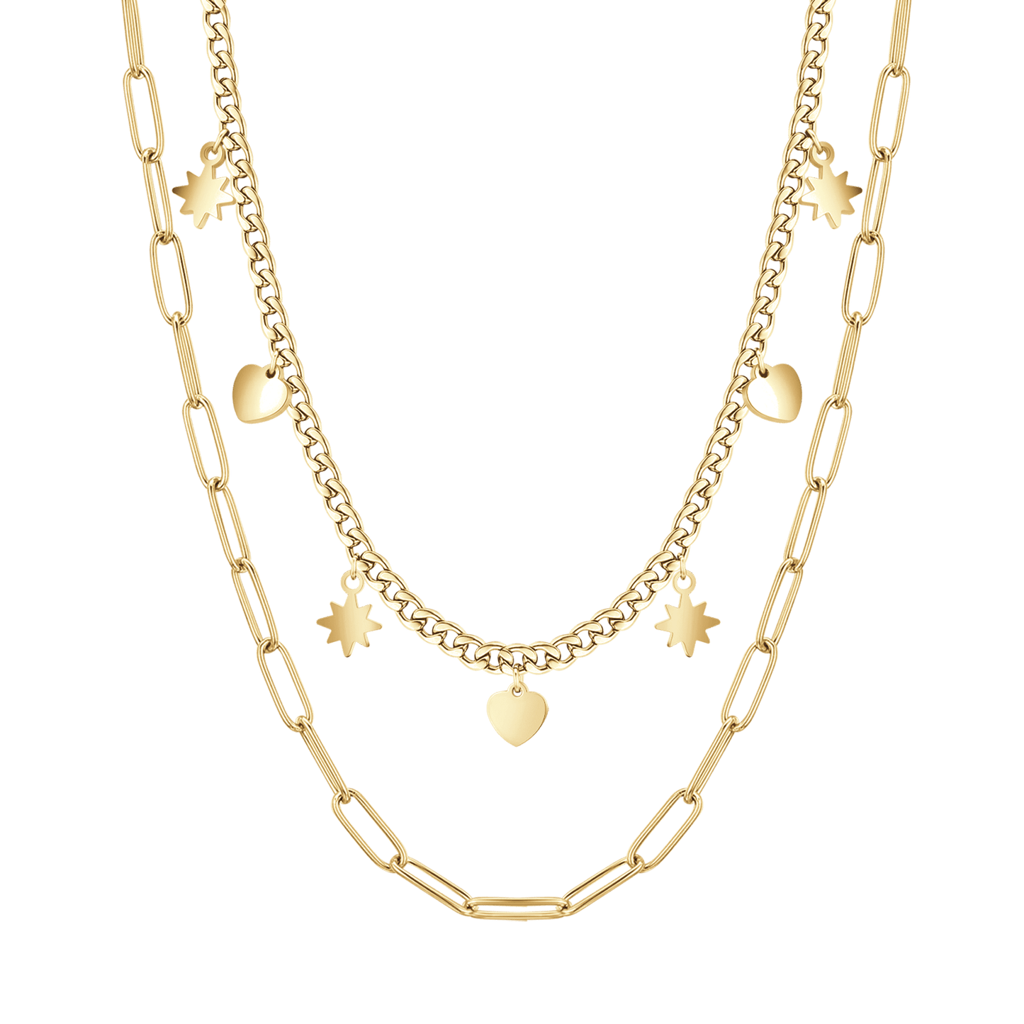 COLLAR DE ACERO IP DE ORO DE VARIAS VUELTAS CON ESTRELLAS Y CORAZONES